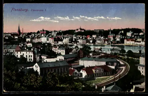 AK Flensburg, Panorama vom Hafen