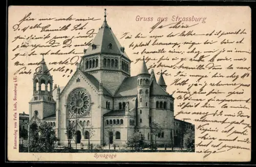 AK Strassburg, Synagoge in der Aussenansicht mit Grünanlage