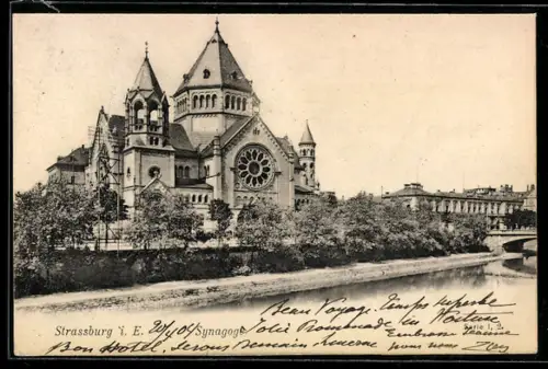 AK Strassburg i. E., Synagoge mit Grünanlage