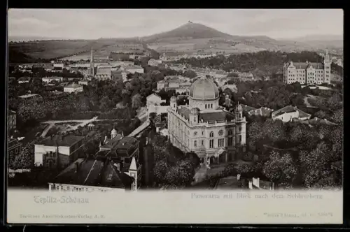AK Teplitz-Schönau, Panorama Synagoge und Schlossberg