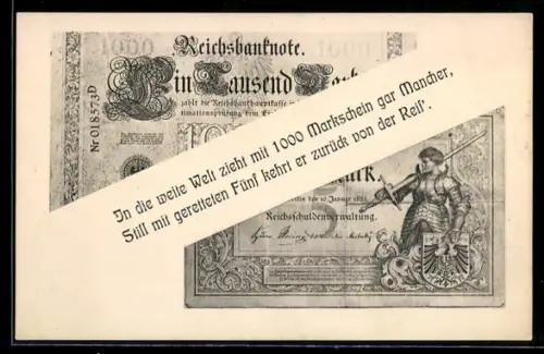 AK In die weite Welt zieht..., 1000-Reichsmarkschein, Motiv Ritter mit Schild