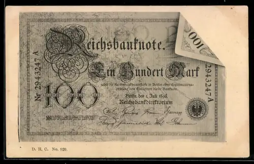 AK Reichsbanknote Ein Hundert Mark, Geldschein mit Eselsohr