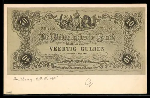 AK 40 Gulden, Geldschein der Niederländischen Bank, Wappen, Löwe