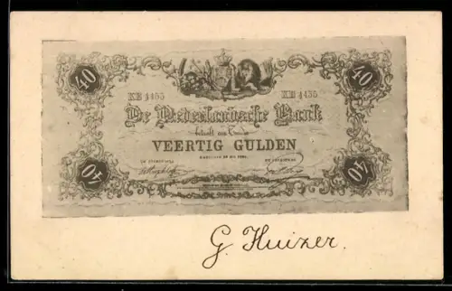 AK 40 Gulden, Banknote der Niederländischen Bank, Wappen, Löwe