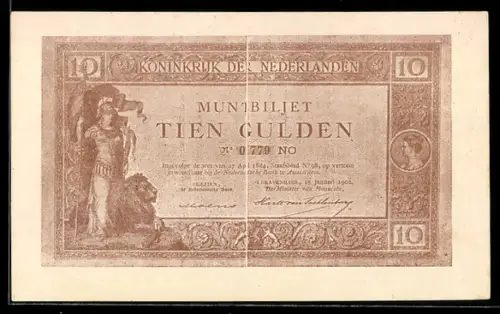 AK Muntbiljet Tien Gulden, Koninkrijk der Nederlande, Geldschein, Krieger mit Löwe, Frauenportrait