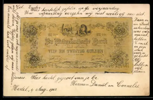 AK 25 Gulden, Geldschein der Niederländischen Bank mit unregelmässigen Rändern, Wappen, Löwe