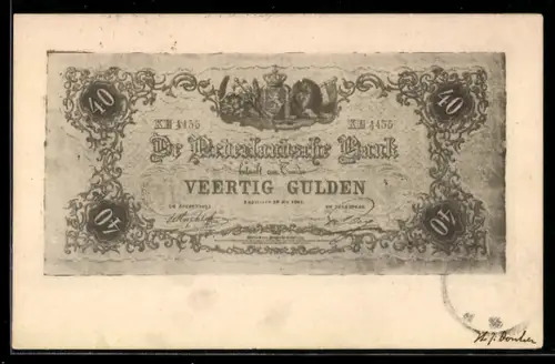 AK 25 Gulden, Banknote der Niederländischen Bank mit unregelmässigen Rändern, Wappen, Löwe