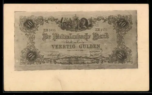 AK 40 Gulden-Schein der Niederländischen Bank mit unregelmässigen Rändern, Wappen, Löwe