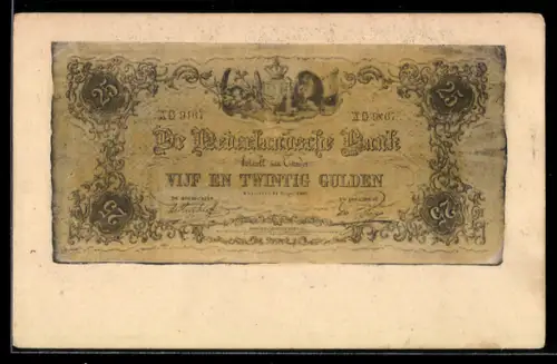 AK 25 Gulden, Niederländische Bank, Geldschein mit unregelmässigen Rändern, Wappen, Löwe