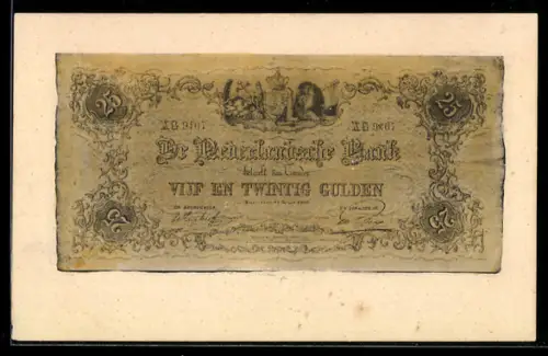AK 25 Gulden, Niederländische Bank, Banknote mit unregelmässigen Rändern, Wappen, Löwe
