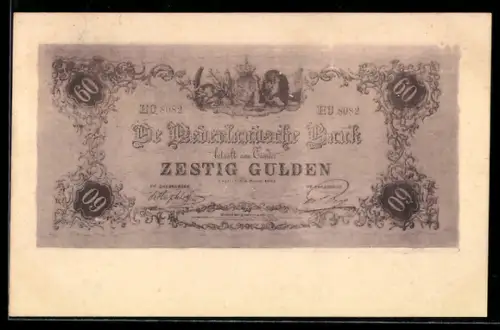 AK 60-Gulden-Schein der Niederländischen Bank, Banknote mit unregelmässigen Rändern, Wappen, Löwe