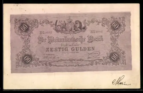 AK 60-Gulden-Geldschein der Niederländischen Bank mit unregelmässigen Rändern, Wappen, Löwe