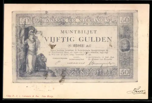 AK Muntbiljet 50-Gulden der Niederländischen Bank, zerknickt, Krieger mit Löwe
