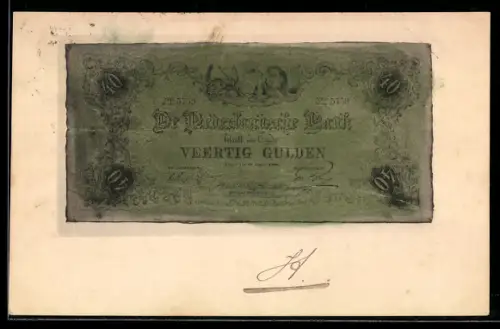 AK 40 Gulden der Niederländischen Bank, Geldschein mit unregelmässigen Rändern, Wappen, Löwe