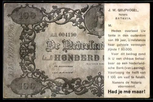 AK Niederlande, Geldschein über einhundert Gulden