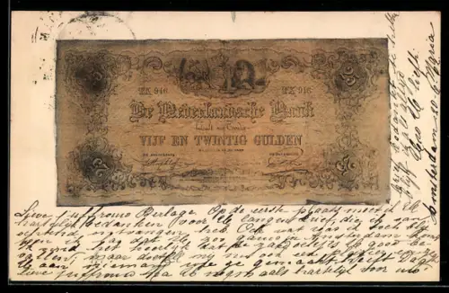 AK 25 Gulden, Nederlandsche Bank, an den Rändern angekokelter Geldschein