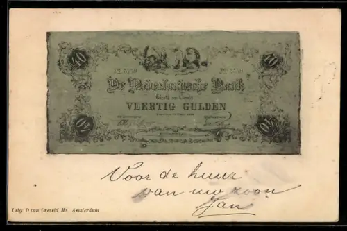 AK Nederlandsche Bank betaalt Veertig Gulden..., angekokelter Geldschein