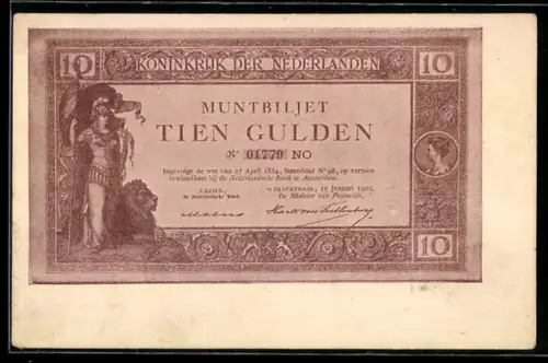 AK Muntbiljet 10 Gulden der Niederländischen Bank, Figur mit Löwe