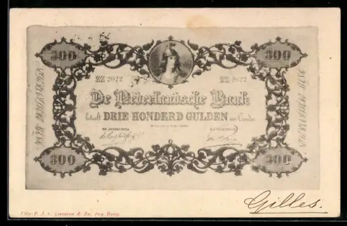 AK 300 Gulden, Geldschein der Niederländischen Bank mit unregelmässigen Rändern, Figur mit Helm, Ornamente