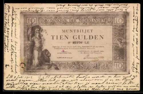 AK Muntbiljet 10 Gulden der Niederländischen Bank, Geldschein, Krieger mit Löwe