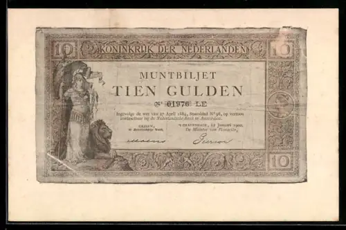 AK Muntbiljet 10 Gulden der Niederländischen Bank, Geldschein, Figur mit Löwe