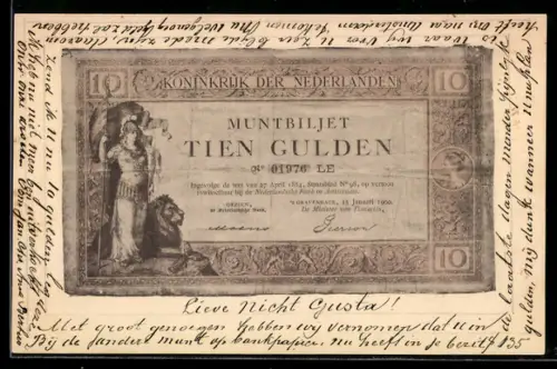 AK Muntbiljet 10 Gulden der Niederländischen Bank, Banknote, Figur mit Löwe