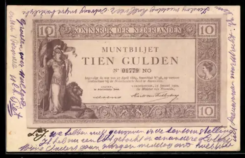 AK Muntbiljet 10 Gulden, Niederländische Bank, Geldschein, Figur mit Löwe, Frauenportrait