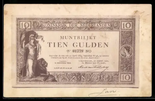 AK Muntbiljet 10 Gulden, Königreich der Niederlande, Geldschein, Krieger mit Löwe