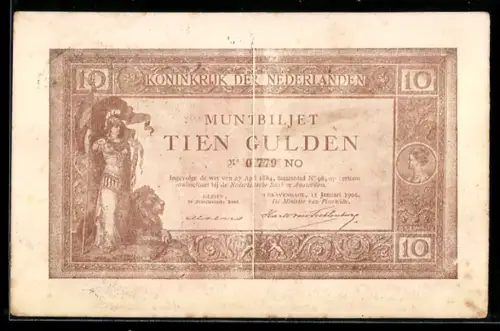 AK Muntbiljet 10 Gulden, Königreich der Niederlande, Banknote mit Faltspur in der Mitte, Krieger mit Löwe