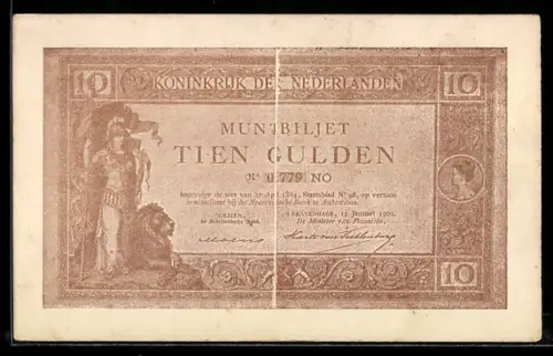 AK Muntbiljet 10 Gulden, Königreich der Niederlande, Banknote mit Faltspur in der Mitte, Figur mit Löwe