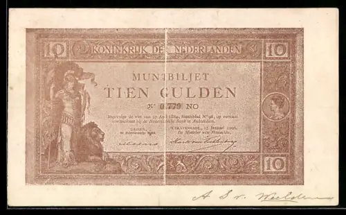 AK Muntbiljet 10 Gulden, Königreich der Niederlande, Geldschein mit Faltspur in der Mitte, Figur mit Löwe