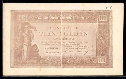 AK Muntbiljet 10 Gulden, Königreich der Niederlande, Banknote, Faltspur mittig, Figur mit Löwe
