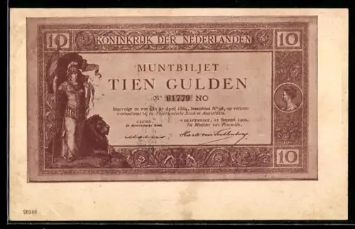 AK Muntbiljet Tien Gulden, Koninkrijk der Niederlanden, Geldschein