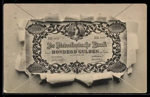 AK De Nederlandsche Bank betaalt 100 Gulden aan Toonder, Geldschein im aufgerissenen Briefumschlag