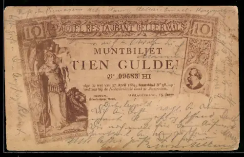AK Muntbiljet 10 Gulden, Hotel Restaurant Gellervaals, Niederlande, zerknickter Geldschein, Krieger, Portrait