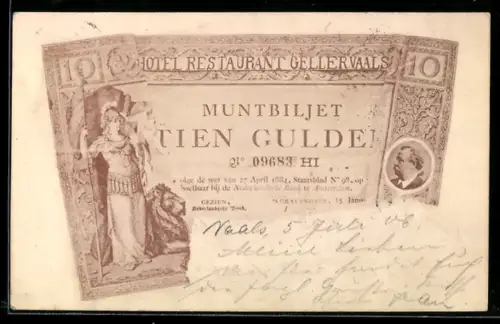 AK Muntbiljet 10 Gulden, Hotel Restaurant Gellervaals, Niederlande, zerknickter Schein, Krieger, Portrait