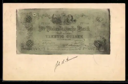 AK 40-Gulden-Schein der Niederländischen Bank, Geldschein mit unregelmässigen Rändern, Wappen, Löwe