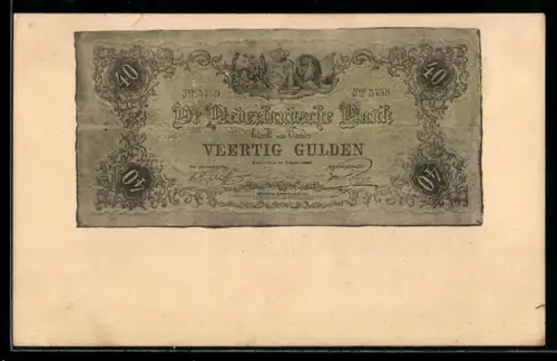 AK 40-Gulden-Schein der Niederländischen Bank, Banknote mit unregelmässigen Rändern, Wappen, Löwe