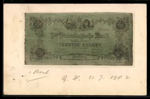 AK Vierzig-Gulden-Schein der Niederländischen Bank, Geldschein mit unregelmässigen Rändern, Wappen, Löwe