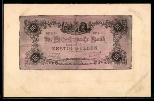 AK Sechzig-Gulden-Schein der Niederländischen Bank, Geldschein mit unregelmässigen Rändern, Wappen, Löwe