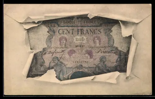 AK Cent-Francs, Banque de France, Aufgerissenes Kuvert mit Geldschein, Figuren, Portraits