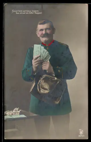 AK Postbote mit Geldscheinen und gerollten Münzen