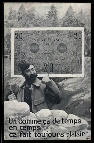 AK Soldat mit Käppi zeigt auf Geldschein