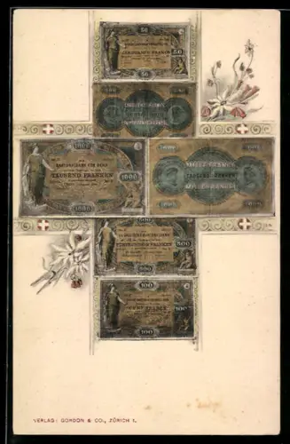 AK Schweizer Geldscheine in Form eines Kreuzes