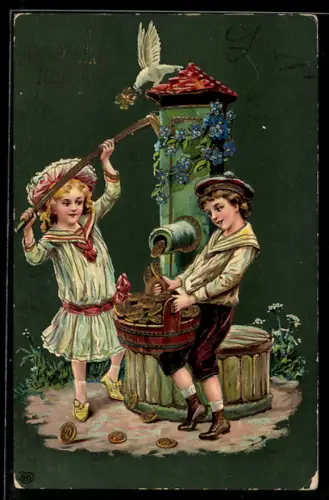 AK Kinder pumpen Geld in einen Korb