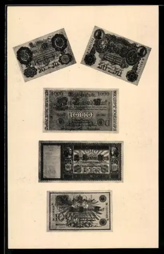 AK Reichsbanknoten, 20 Mark, 50 Mark, 1000 Mark, 100 Mark, Geldscheine