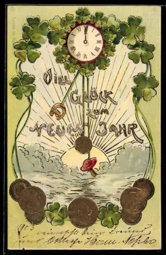 AK Geld, Kleeblatt und Hufeisen beim Sonnenaufgang zum neuen Jahr