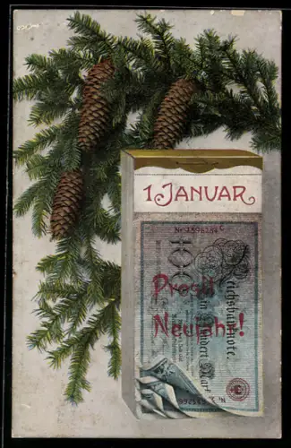 AK Reichsbanknote Ein Hundert Mark unter Tannenzapfen, Geld