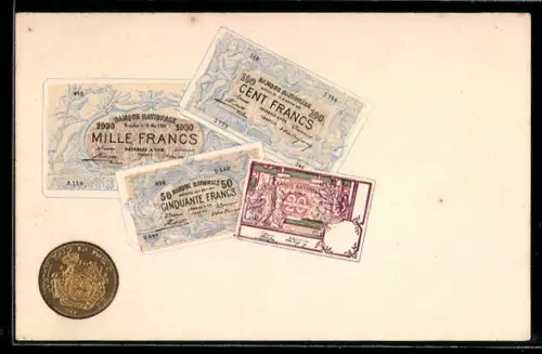 Präge-AK Französische Geldscheine- und Münze