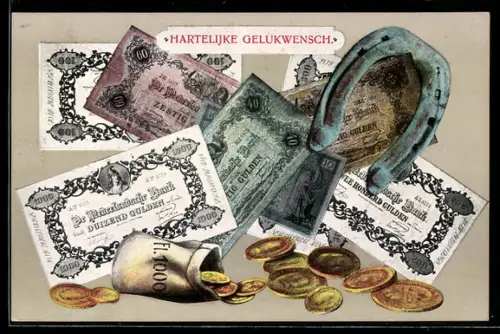 AK Niederländische Banknoten, Hufeisen, Geldsack mit Münzen
